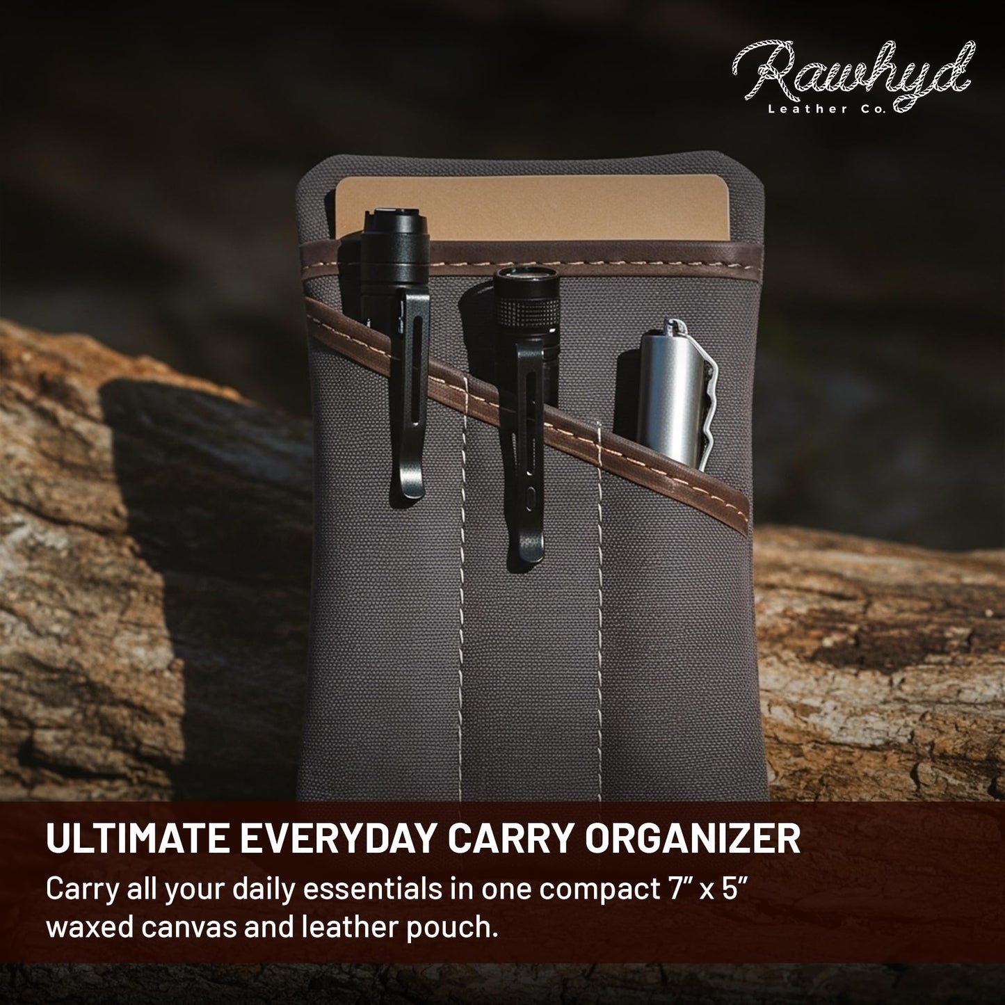 RAW HYD Waxed Canvas EDC Pocket Organizer for Men – Water-Repellent Pouch Tool Used for Daily Carry - Compact Pocket Wallet with Zipper & Slots for Flashlight, Notebook & EDC Gear
