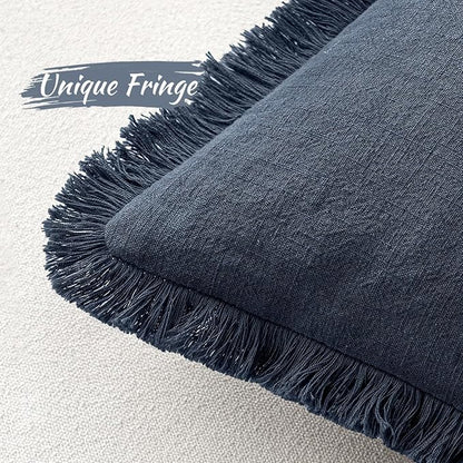 MIULEE Christmas Decorative Throw Pillow Covers Neutral Linen Fringe Throw Pillows Set of 2 Indigo Blue Boho Farmhouse Cushion Covers Coastal Decor for Couch Sofa Bed Living Room Decor 18x18 Inch
