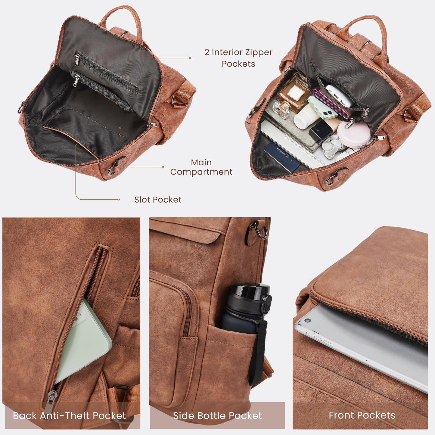 Botimmy Anti-Theft Backpack Purse for Women, Convertible 3-in-1 Vegan Leather Backpack with Hidden Zipper, Adjustable Shoulder & Crossbody Bag for Travel and Daily Commute