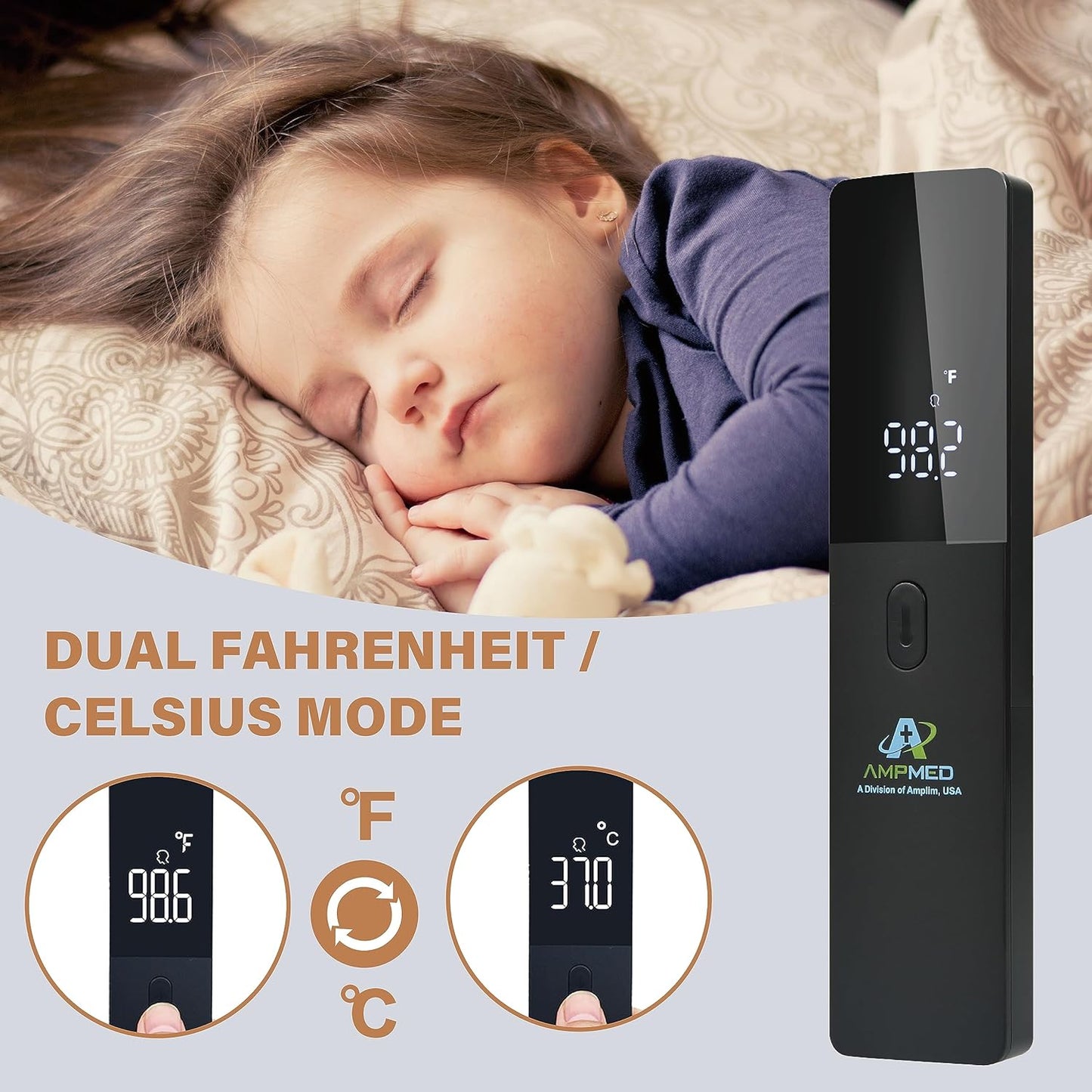 Amplim No-Touch Forehead Thermometer for Adults and Kids, Non-Contact Digital Baby Thermometer for Infants/Newborns. Medical Grade Touchless Temporal Temperature for Fever