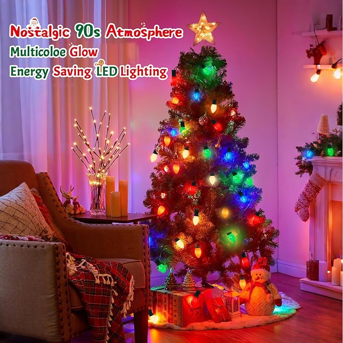 Christmas Decorations - C7 LED Christmas Lights Outdoor, 25Ft Vintage Christmas Lights Multicolor LED Christmas Tree Lights Shatterproof with 25+2 Bulbs for Christmas Tree Home Yard Decor, 0.6W