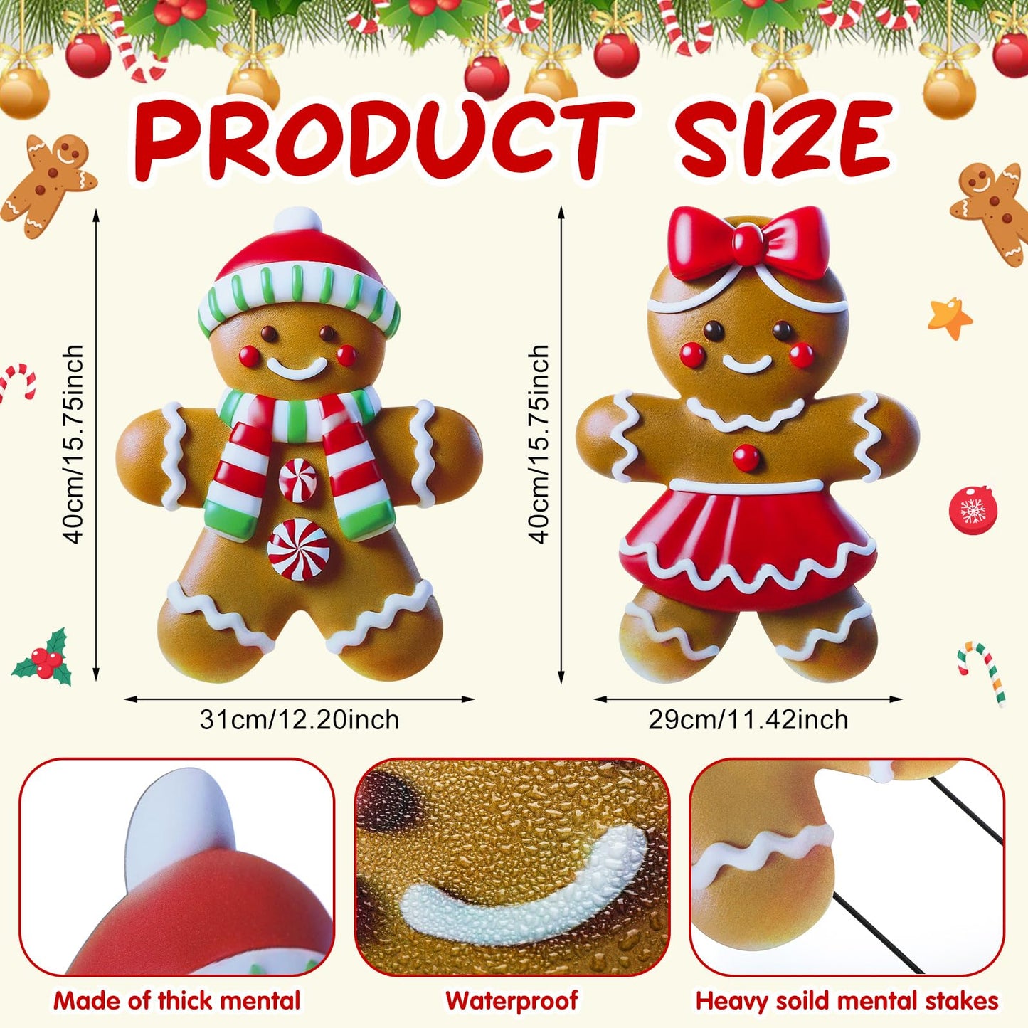 Memorywuu 2 Pack Christmas in July Yard Stakes Metal Stakes 3D Boy and Girl Yard Sign Christmas Outdoor Decorations for Outside Holiday Xmas Winter Ornament Lawn(Classic Gingerbread Man Couple)