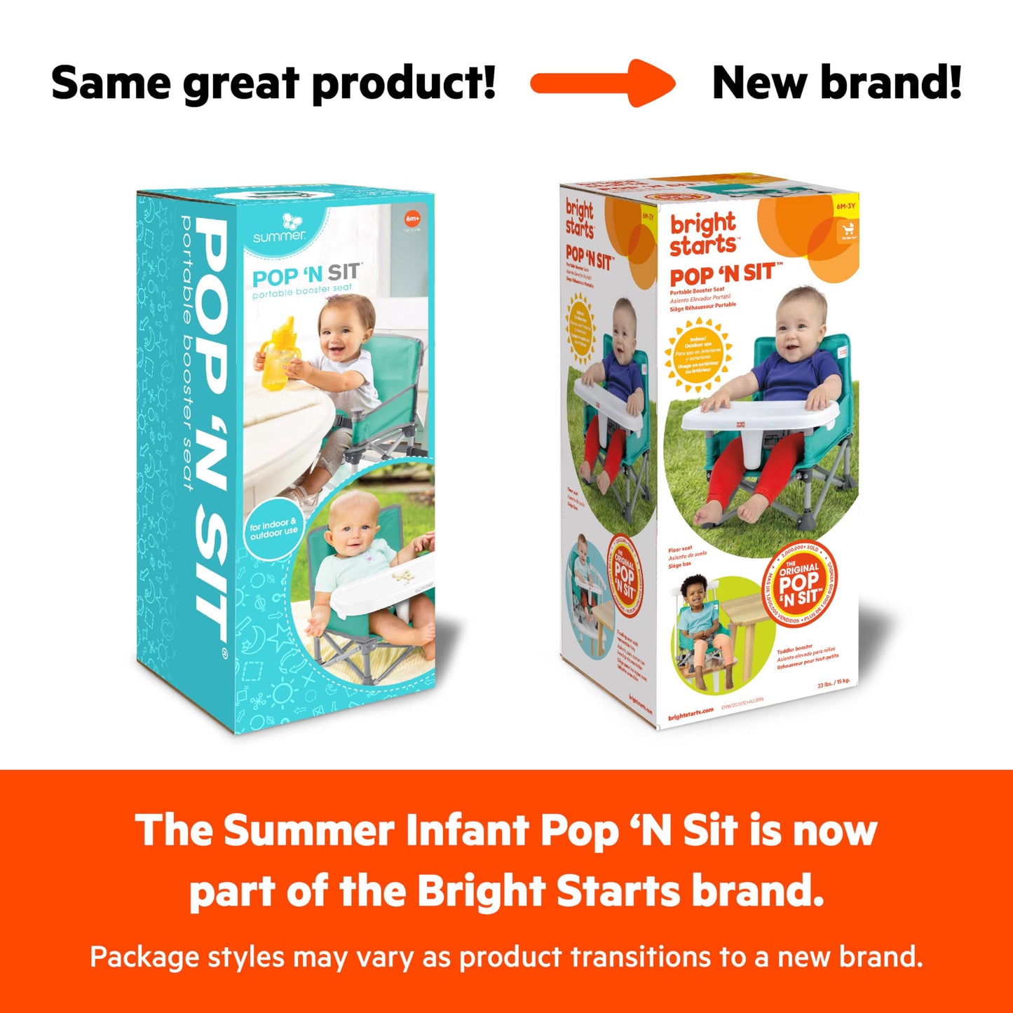 Bright Starts Pop 'N Sit Portable Booster, Indoor/Outdoor Use, Floor Seat with Feeding Tray, Teal, 6 Mos - 3 Yrs