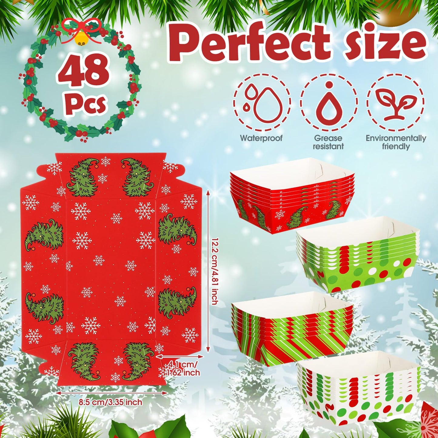 Dunzoom 24 Pcs Christmas Paper Food Trays Plates Disposable Christmas Movie Snack Trays Santa Elf Snowman Red Green Plates Nacho Hot Dog Serving Boat for Xmas Party Supplies Decoration (Style 2)