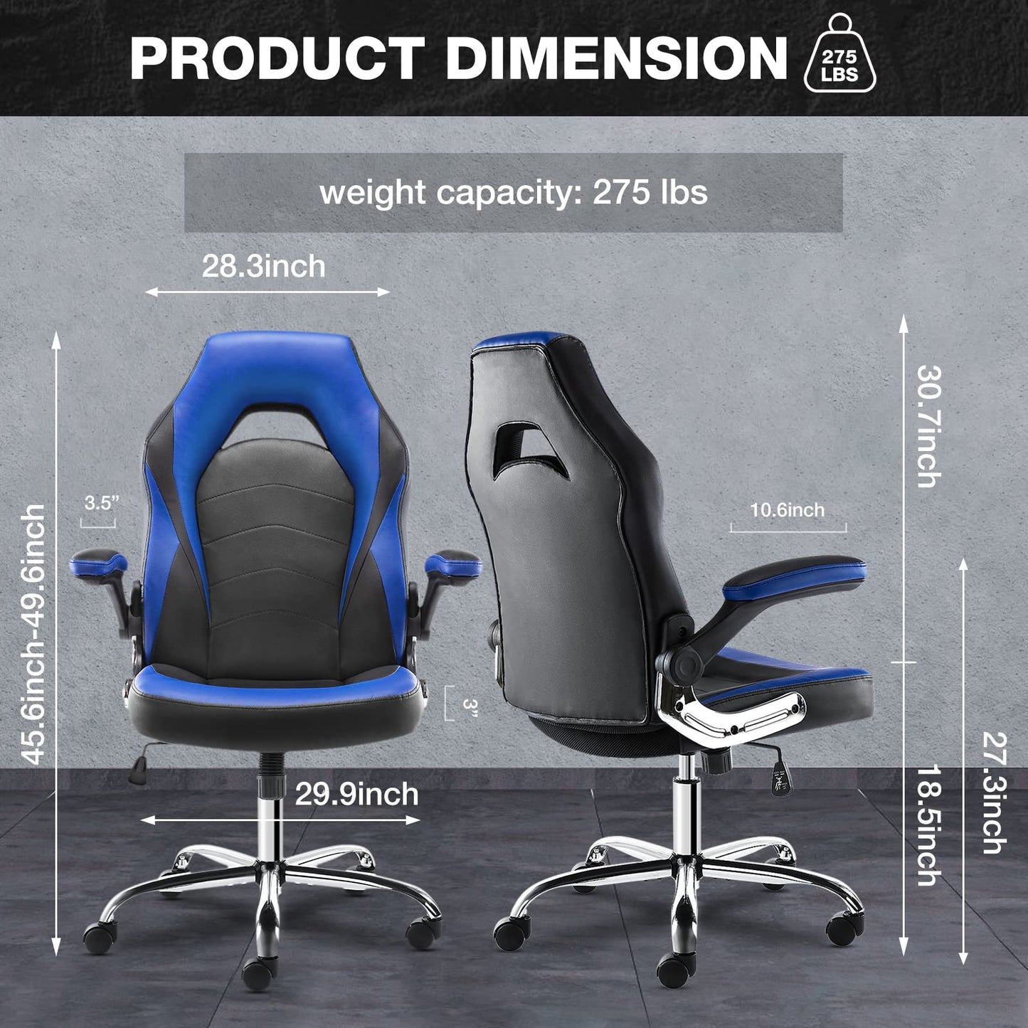 OLIXIS Ergonomic Gaming Office Chair - PU Leather Executive Swivel Computer Desk Chair with Flip-up Armrests and Lumbar Support for Working, Studying, Gaming, Grey, Blue (A-95blue)