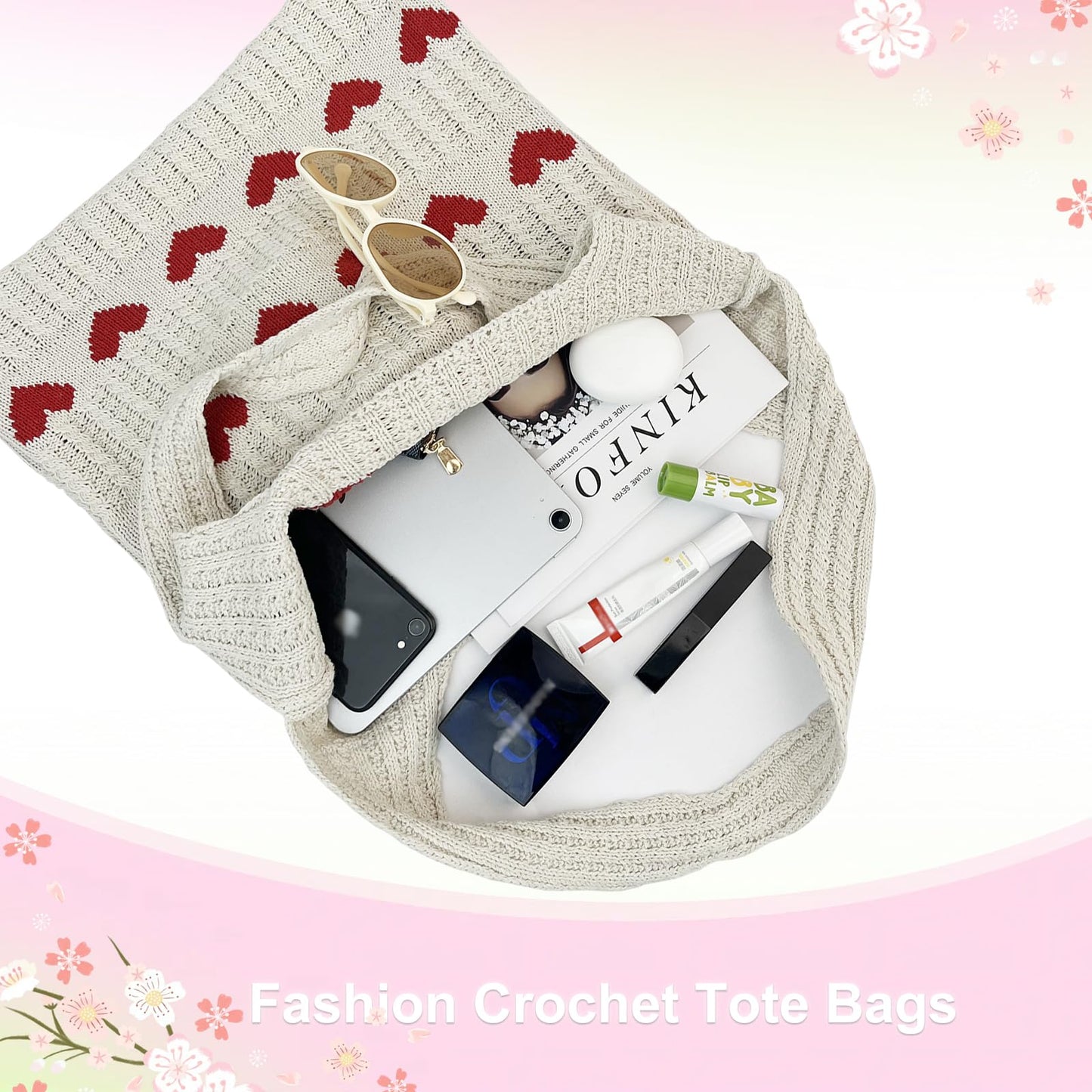 CUNGGI Knitted Heart Tote Bag for Women,Soft Knit Shoulder Hobo Purse with Cute Heart Pattern, Summer Beach Handbag for Travel, Daily Use, Gifts (White)