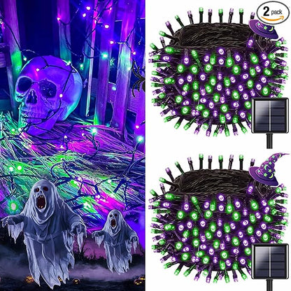 OZS Purple and Green Solar Halloween Lights Outdoor, 2 Pack 240LED 95FT Solar String Lights Waterproof with 8 Modes & Auto On/Off for Tree Party Halloween Decorations