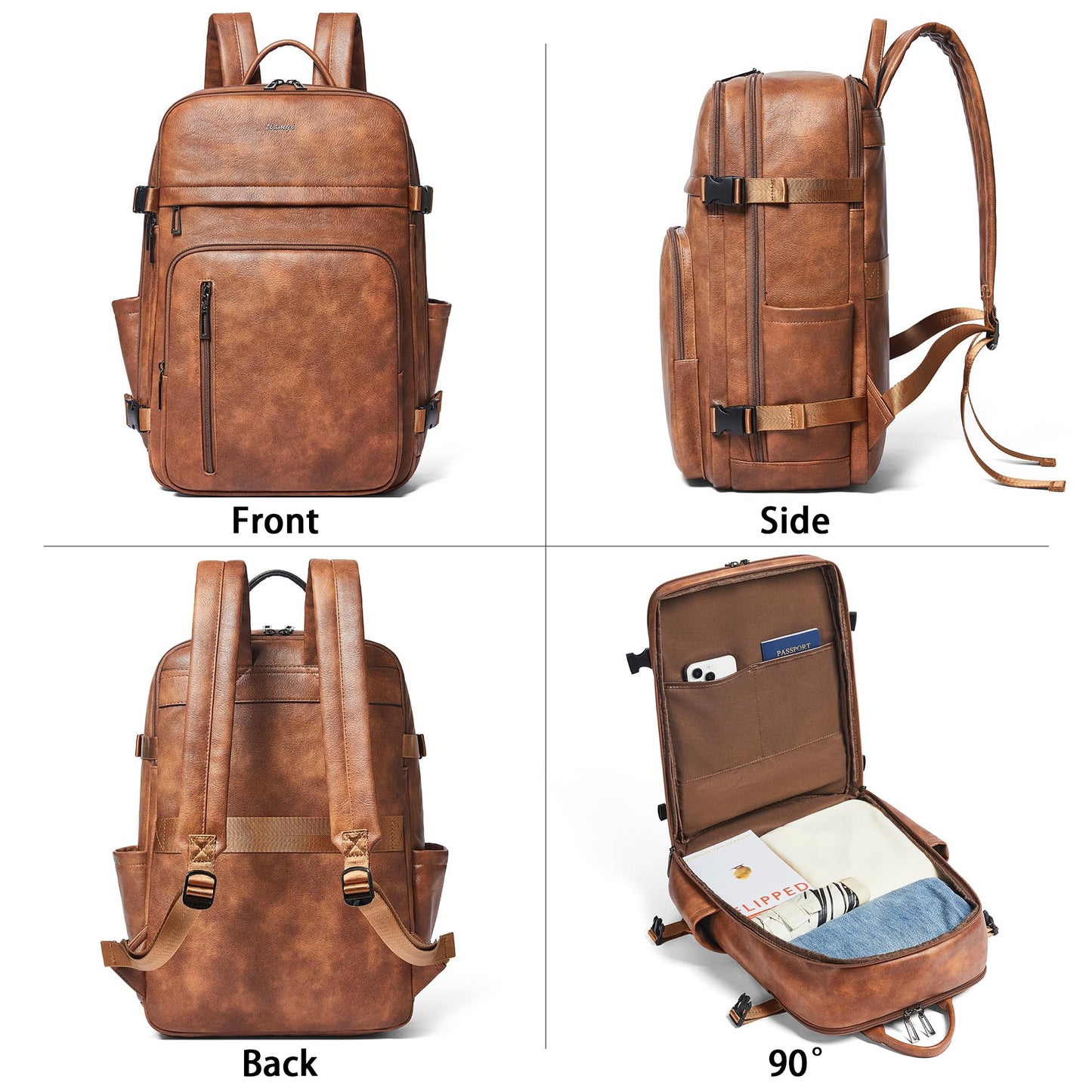 tiamyi Travel Backpack for Women and Men, Fits 17.0" Laptop, Stylish Lay-Flat Carry-on Vegan Leather Backpack with Luggage Strap for Travel and Daily Use