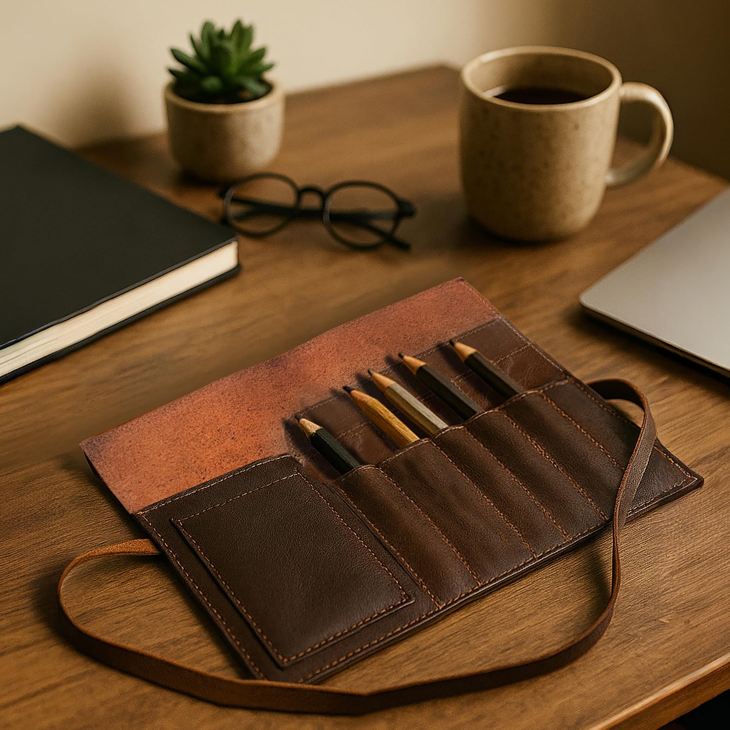 RUSTIC TOWN Leather Pencil Case Roll Up - Pen Pouch for Work, Business & Office