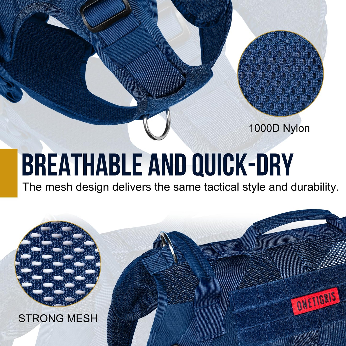 OneTigris Tactical Dog Harness for Small Medium Large Dogs, Mesh Design Service Dog Vest Breathable Military Dogs Molle Vests with Handles, Harness for Walking Hiking Training (Blue, L)