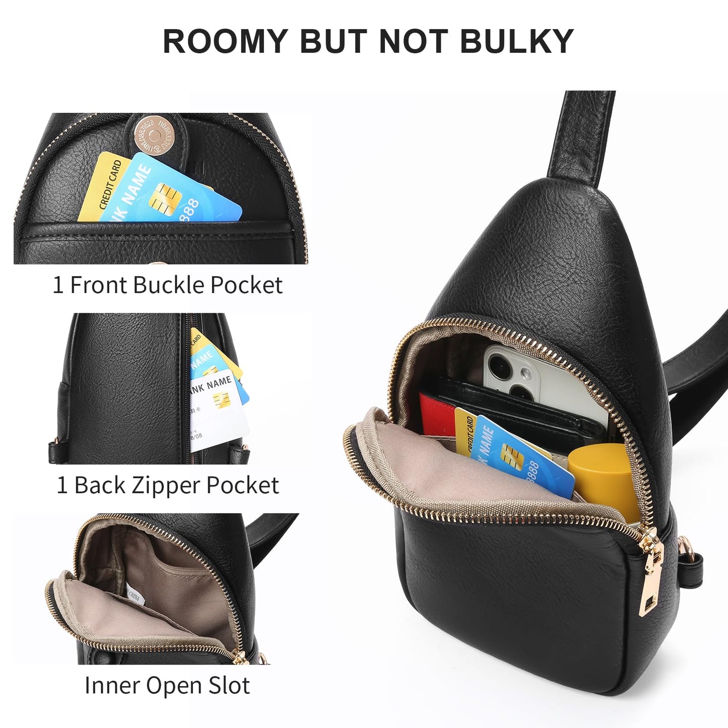 GOIACII Sling Bag for Women Men Leather Fanny Pack Chest Bags for Travel Sport Small Purse Crossbody Black