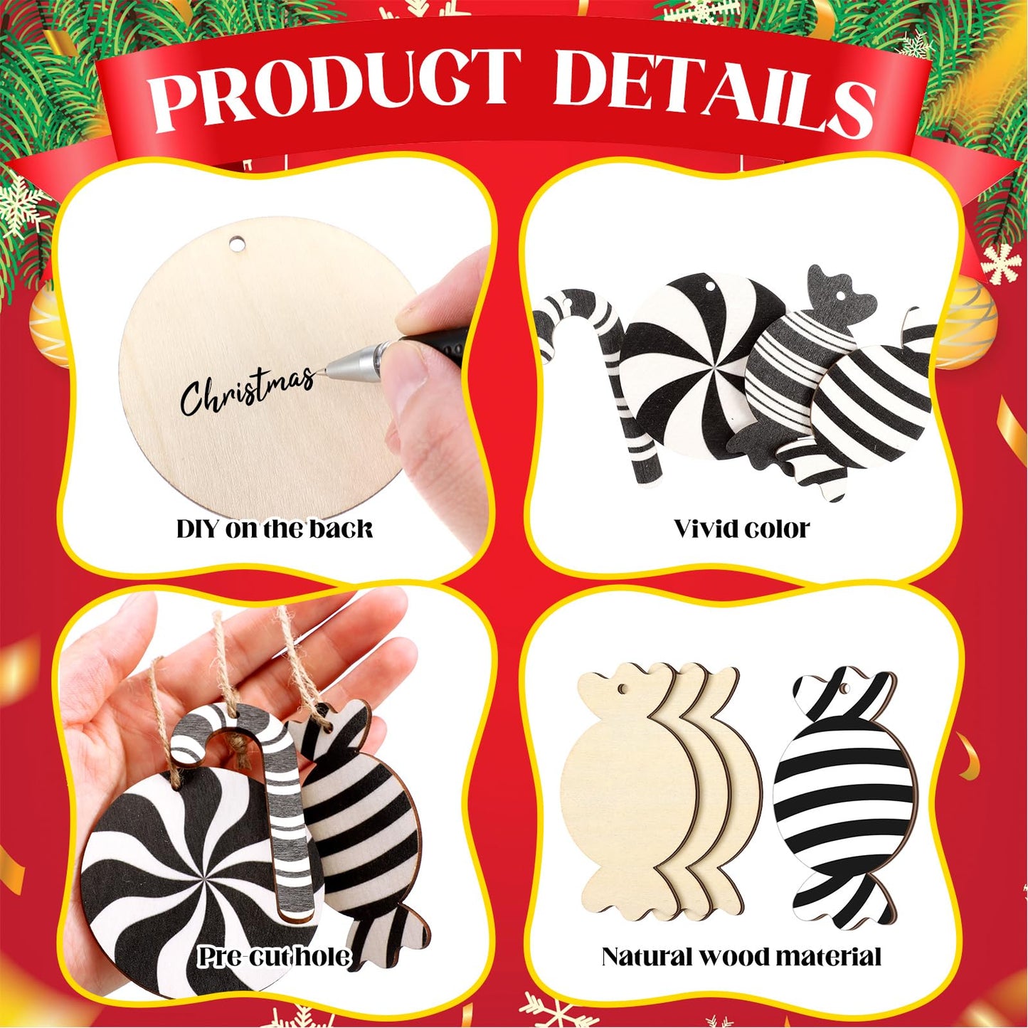 Qunclay 36 Pcs Christmas Candy Hanging Ornaments Wooden Christmas Tree Decorations Black and White Xmas Peppermint Lollipop Ornament Set for Holiday Birthday Party Decoration Supplies Crafts Gifts