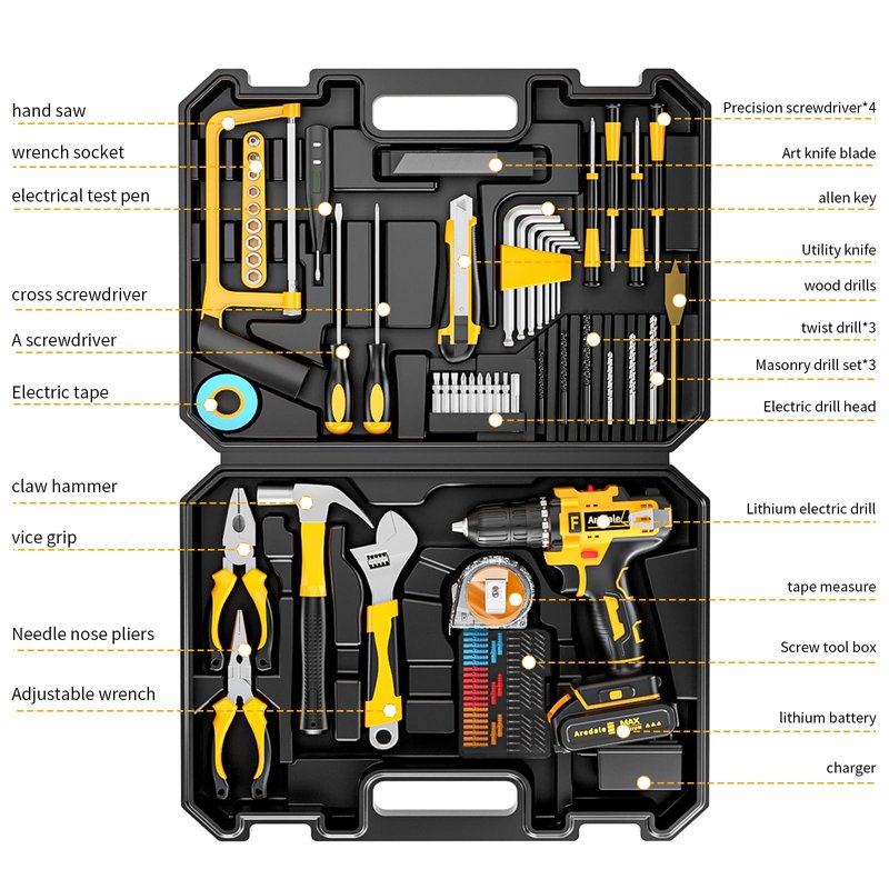 117-Piece Tool Kit with 20V Cordless Drill Mechanic Tool Set for Home & Auto Repair Toolbox Storage Case Perfect for Men, DIYers, Handymen