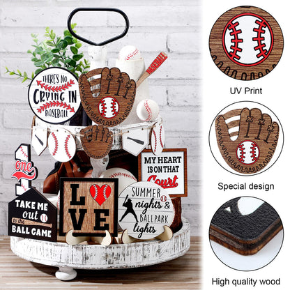13 Pcs Baseball Tiered Tray Decor Wooden Table Centerpieces Rustic Wooden Baseball Game Sign for Fans Theme Party Ceremony