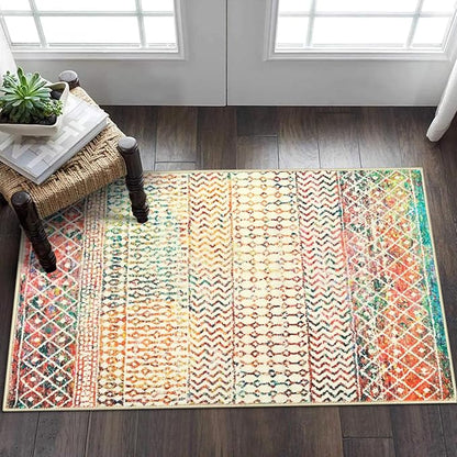 Moroccan Small Rug for Bedroom, 2x3 Colorful Rug Non-Slip Washable Indoor Door Mat, Soft Low-Pile Distressed Kitchen Mat Floor Carpets for Bedside Kitchen Entryway Bathroom
