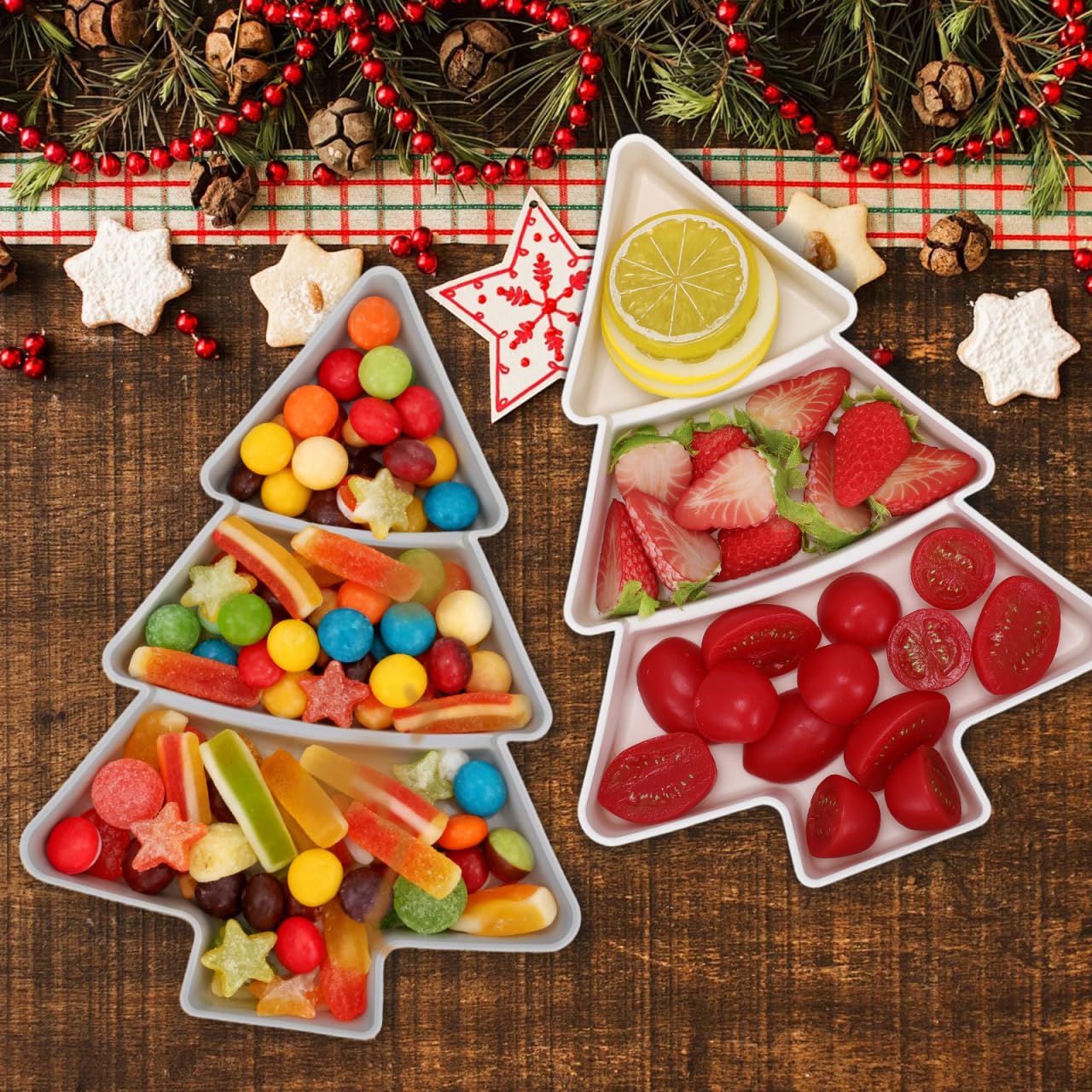 Angoily Christmas Serving Tray, 2pcs Plastic Christmas Tree Serving Platter, Tree Shaped Holiday Candy Dishes, Ideal for Holiday Treats Candy Fruit Feasts Festive Tableware Appetizer Xmas Parties