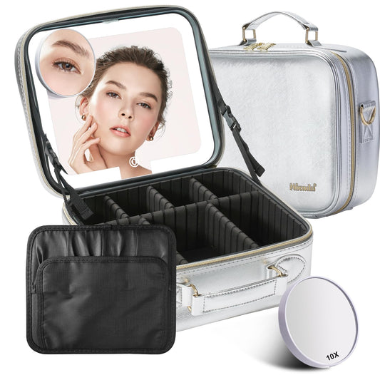 Mocado Travel Makeup Bag with LED Lighted Mirror,Travel Makeup Organizer,Makeup Case with 3 Color Lighted Setting and 10x Magnifying Mirror,Portable Storage and Adjustable Dividers Makeup Box(Silver)