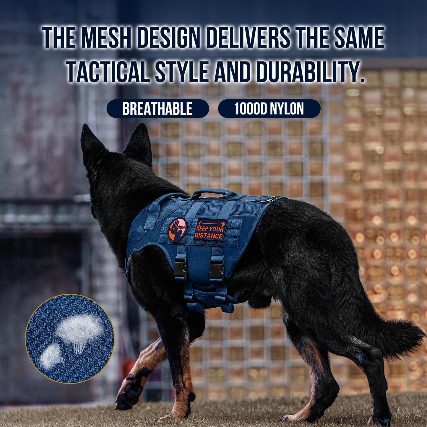 OneTigris Tactical Dog Harness for Small Medium Large Dogs, Mesh Design Service Dog Vest Breathable Military Dogs Molle Vests with Handles, Harness for Walking Hiking Training (Blue, L)