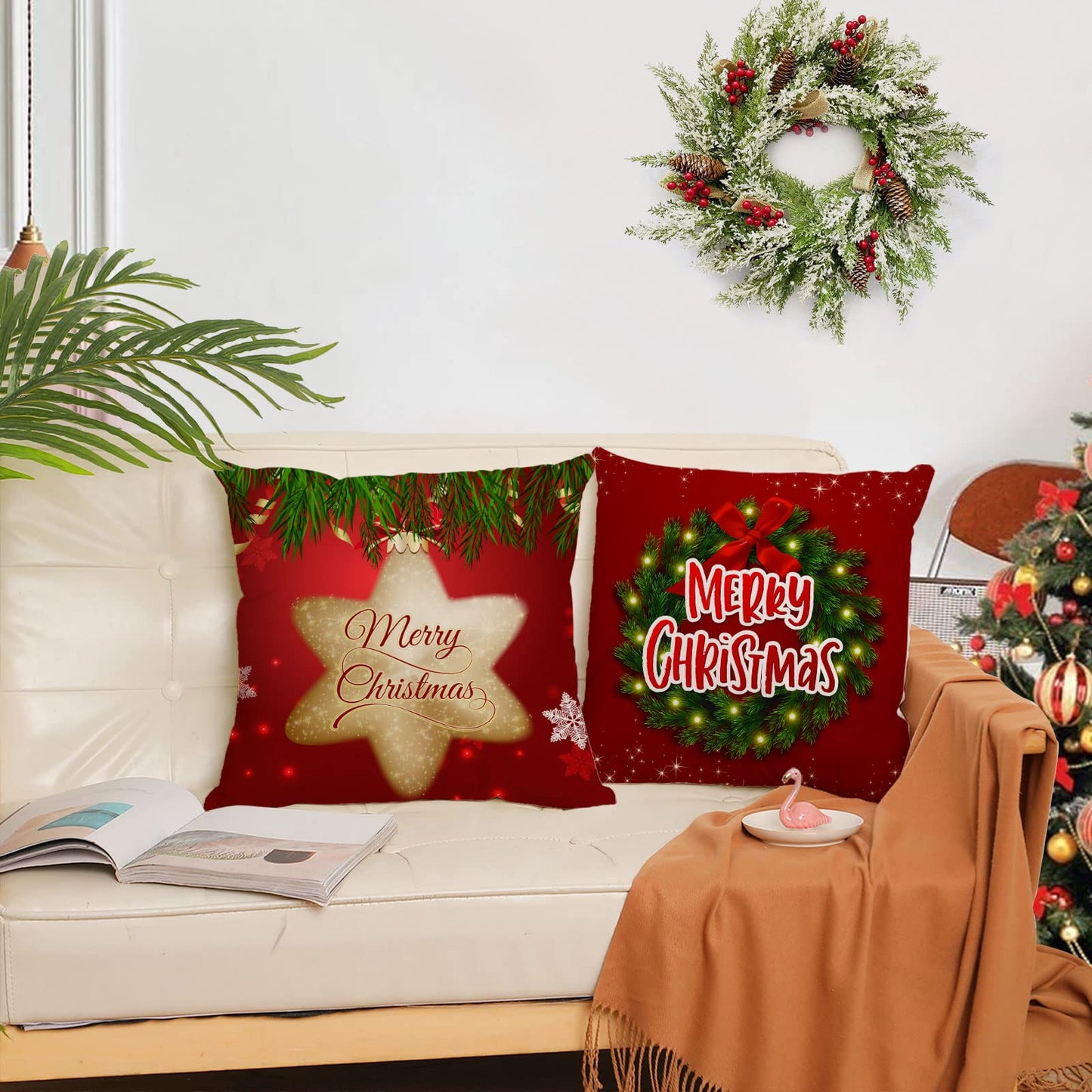 Set of 4 Christmas Pillow Covers 18x18 Inch Xmas Pillow Cases Velvet Throw Pillow Covers Red Gold Winter Holiday Cushion Covers Outdoor Couch Sofa Home Decorations for New Year