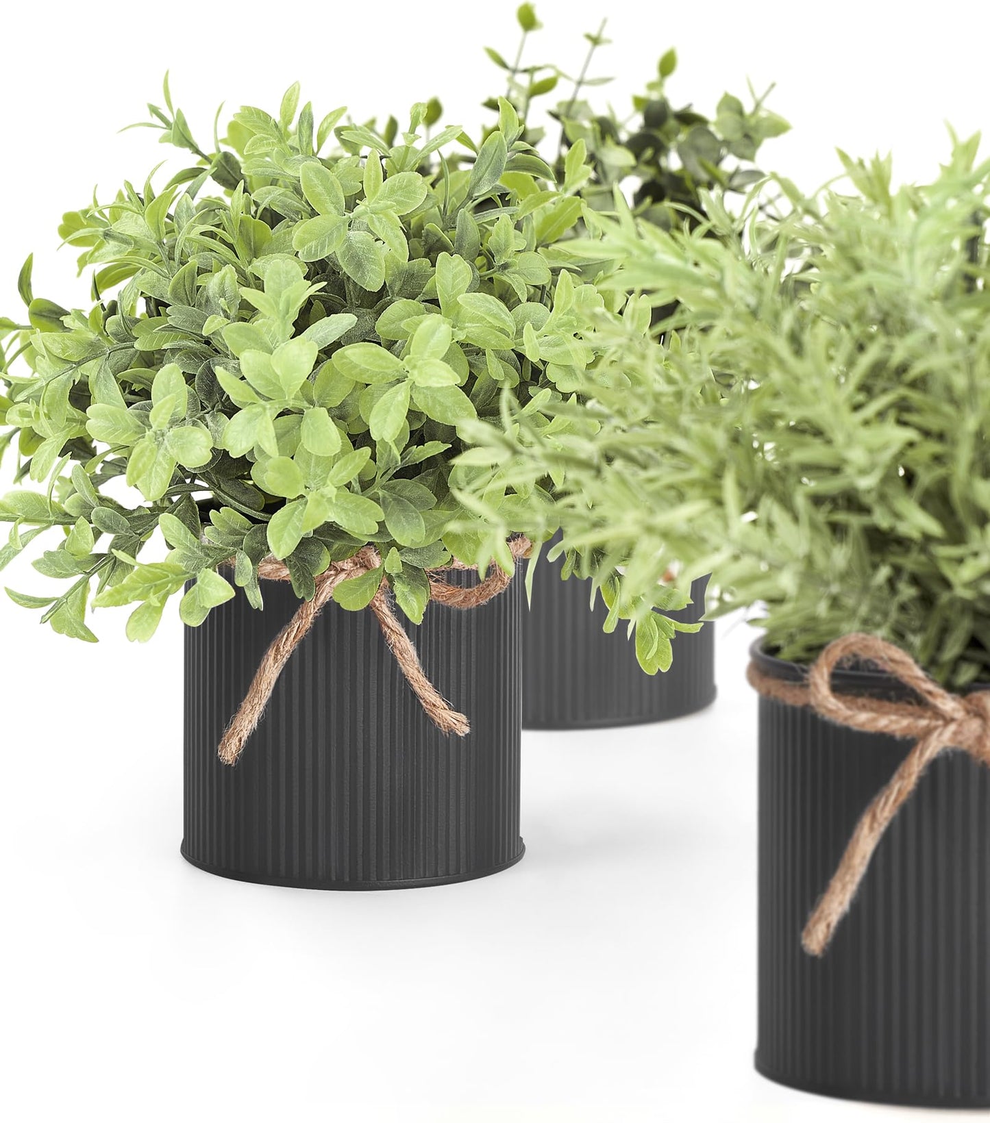 Mkono 3 Pack Small Fake Plants in Black Galvanized Metal Pots Artificial Eucalyptus Plants for Christmas Decorations Shelf Desk Home Farmhouse Room Coffee Table Bathroom Decor