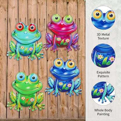 Metal Frog Wall Decor, 4Pcs Frog Iron Wall Art Sculptures Art Frogs Wall Hanging Sculpture Decoration.Outdoor Fence Art for Home Garden, Fence, Patio, Yard, Bedroom Outside Gifts for Adults