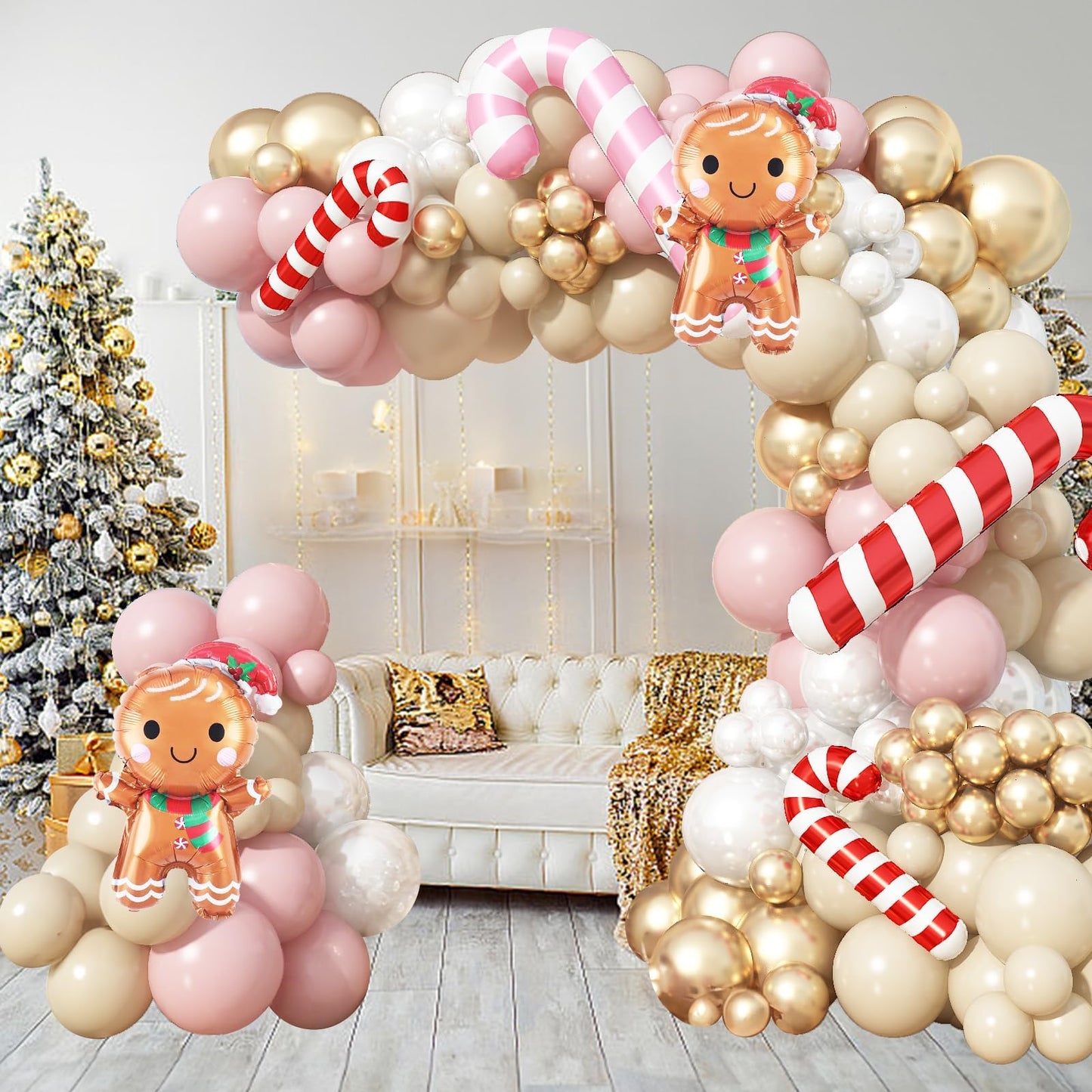 138PCS Pastel Pink Beige Christmas Balloon Arch Kit, Dusty Baby Pink Pearl Ivory White Cream Metallic Gold Balloon Arch Set with Candy Cane Gingerbread Foil Balloos for New Year Xmas Party Decorations