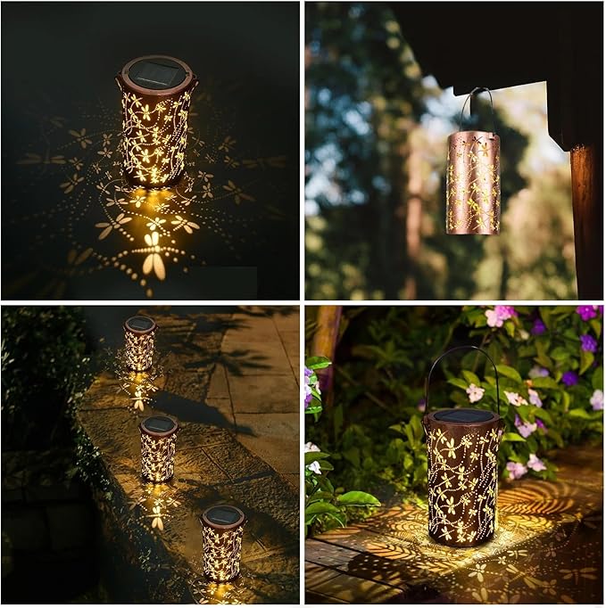 2 Pack Solar Lanterns Outdoor Waterproof Dragonfly Lantern Garden Decor Birthday Gifts for Women Mom Grandma Hanging Solar Lights Metal Decoration for Yard, Patio, Backyard, Porch