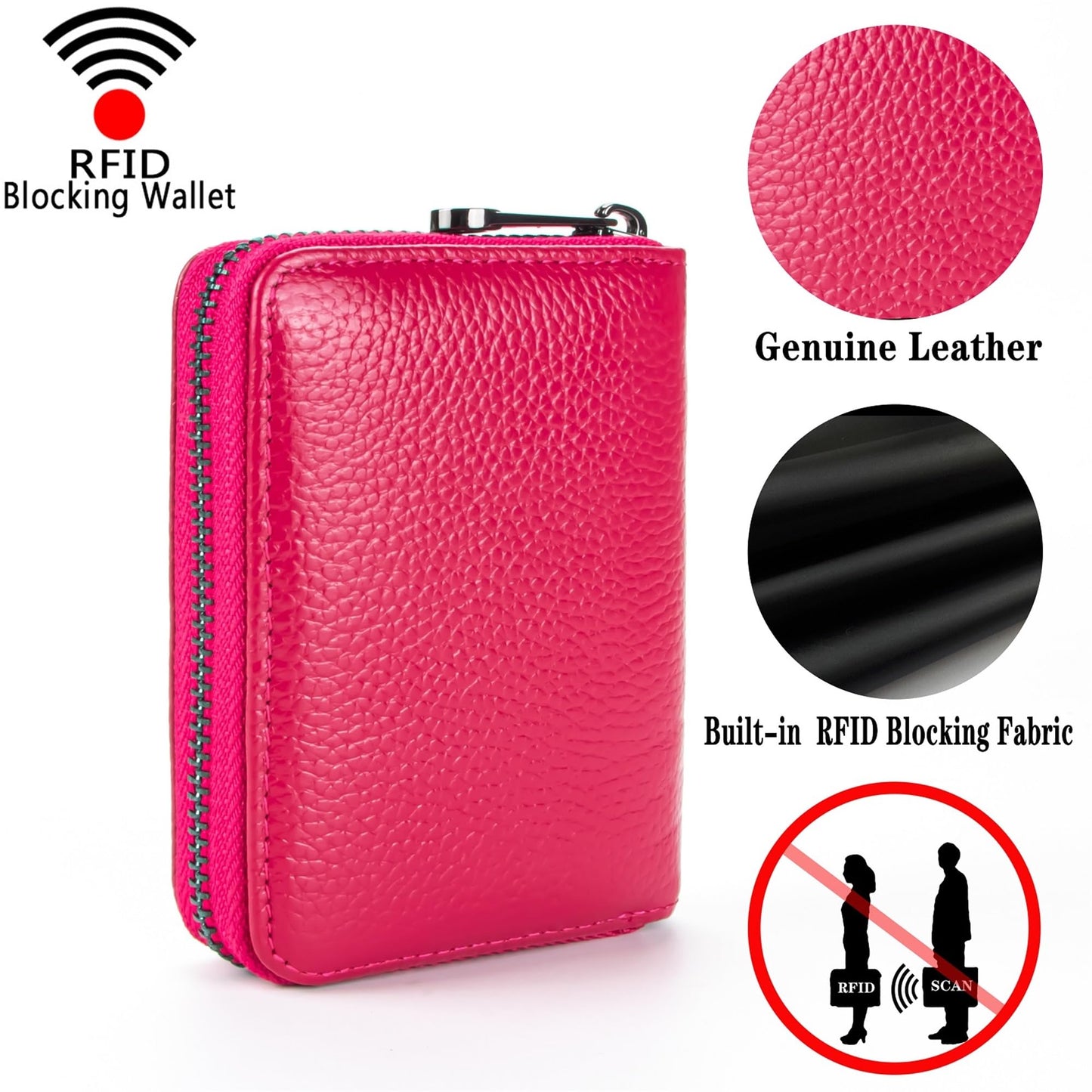 Suweibuke Genuine Leather Credit Card Holder Zipper Wallet RFID Blocking Secure Card Case ID Case Organizer (Rose Red)