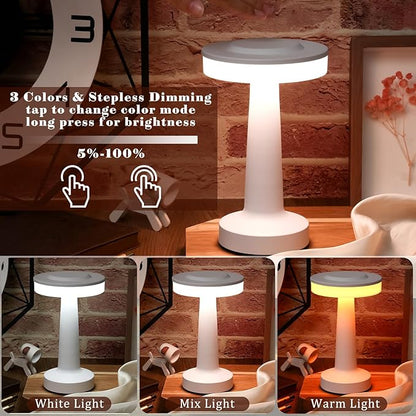 Riakrum Set of 2 LED Portable Cordless Table Lamp with Touch Sensor 3 Color Stepless Dimming Rechargeable Battery up to 15 Hours Cordless Table Light Wireless Lamp for Nursery(White,4 Pcs)