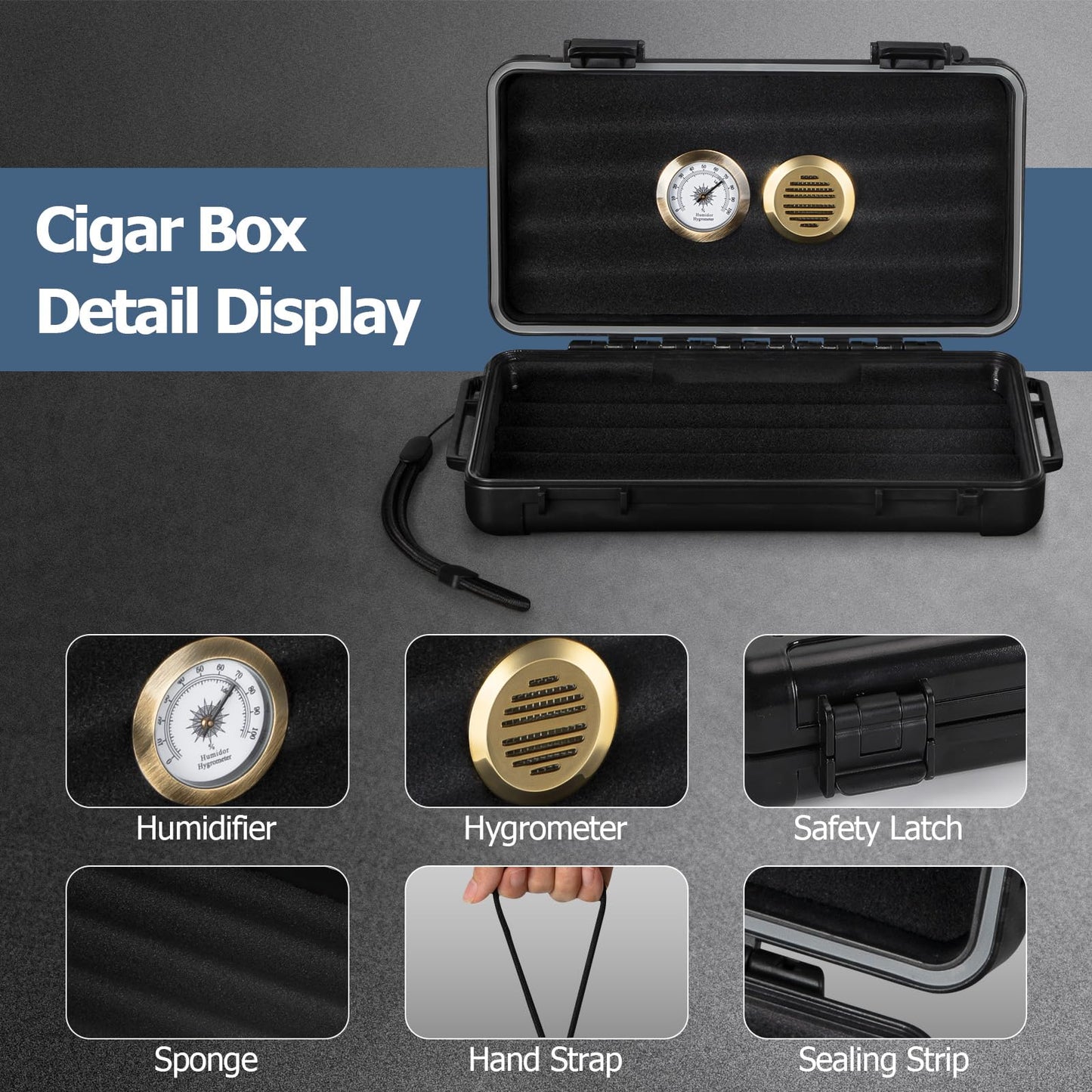 USEWIRE Cigar Humidor, Cigar Travel Humidor, Cigar Case for 4-5 Cigars, with Cigar Holder and Cigar Cutter, Portable Cigar Humidor Travel, Cigar Gifts for Cigar Accessories(Black)