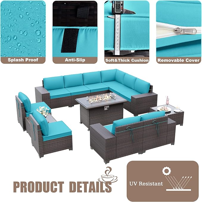 Kurapika 13 Pieces Patio Furniture Set, Rattan Wicker Outdoor Conversation Sets w/43in Propane Fire Pit Table(Blue)