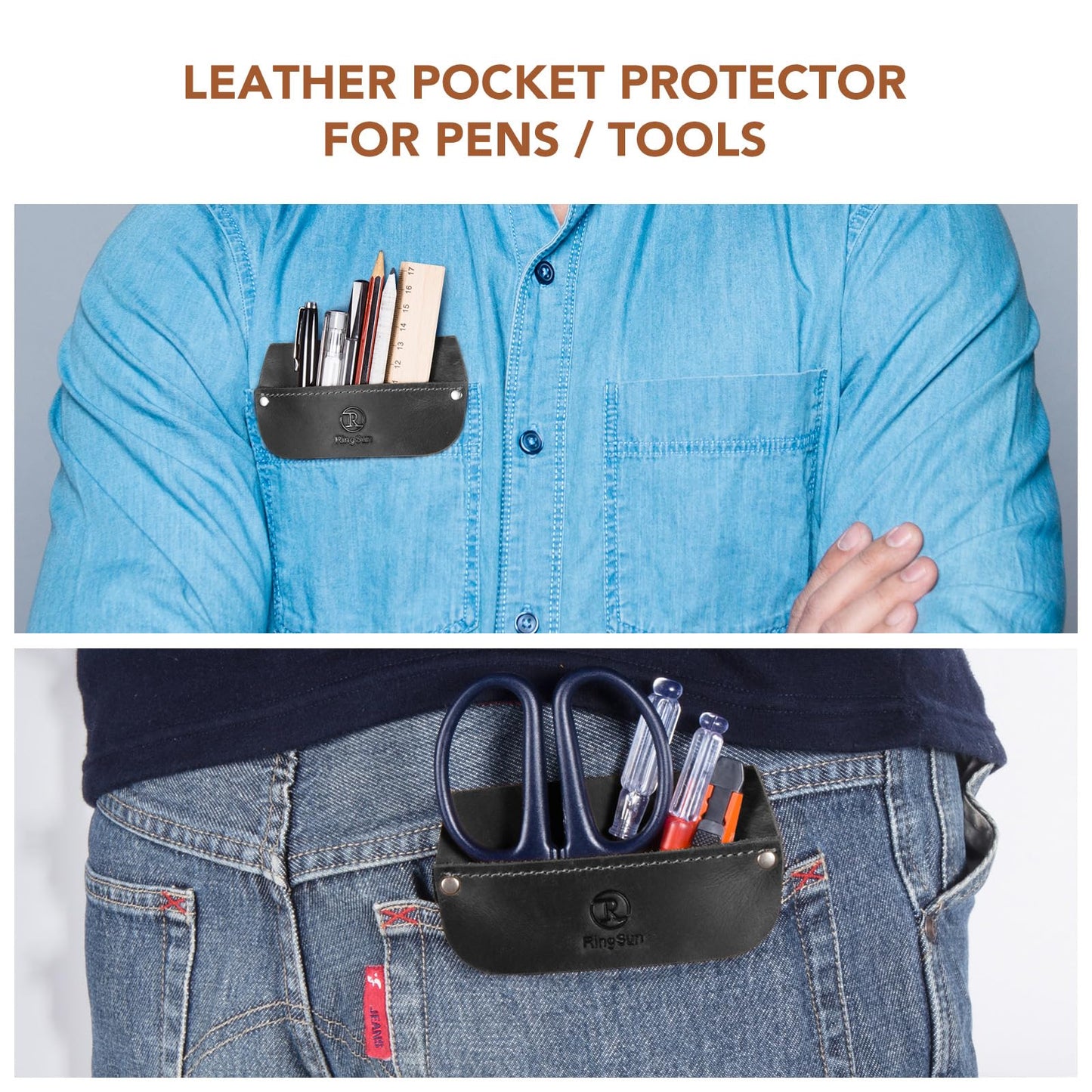 RingSun Genuine Leather Pocket Protector for Men, Durable Pocket Tool Pouch, Jeans Shirts Pocket Protector for Tools Pens
