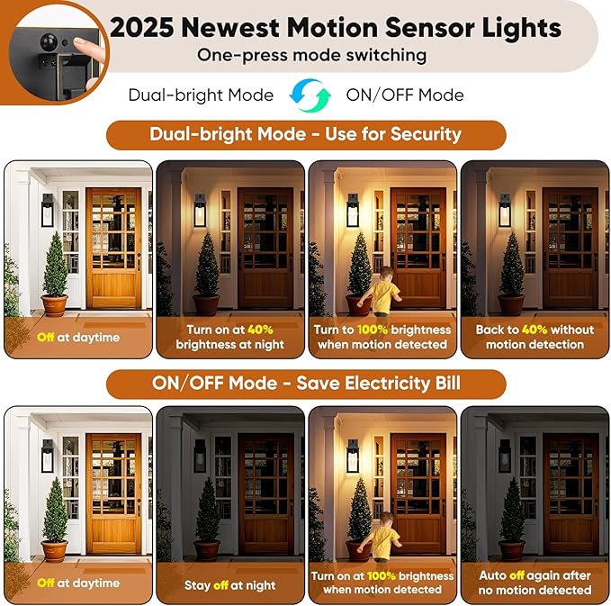 BesLowe 14” Upgraded Motion Sensor Outdoor Wall Lights, Dusk to Dawn Porch Lights Outdoor Wall Sconces, 3 Lighting Modes Exterior Lighting Fixtures with Hooks, Bronze Outside Lights for House, 2-Pack