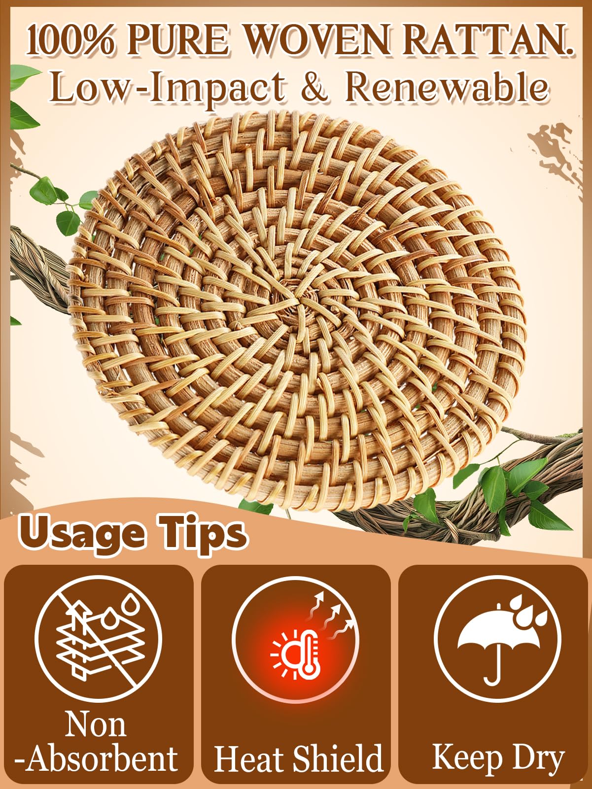6pcs Natural Handmade Rattan Coasters with Holder - Wicker Drink Coasters Set, Housewarming Gifts Boho Summer Home Coastal Decor