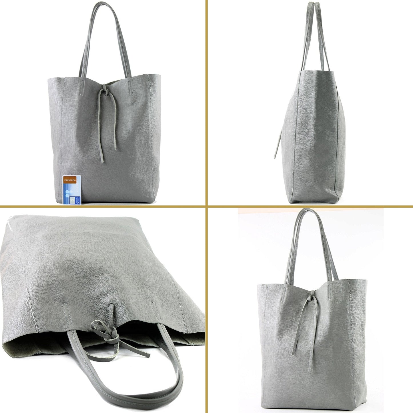 modamoda de T163 Women's Leather Shopper Shoulder Bag Large with Inner Pocket Handmade in Italy, Ocean Grey, L