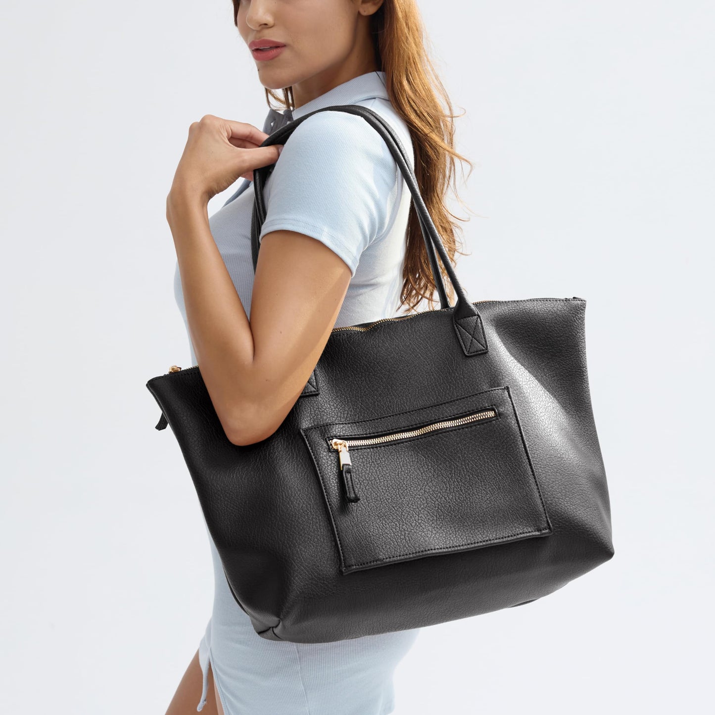 Tote Bag for Women with Zipper Vegan Leather Handbag with Trolley Sleeve Travel Weekender Carryall Bag (Black)