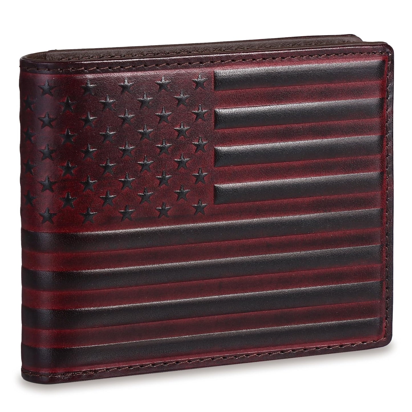 Pefiam Full Grain Leather Wallet for Men, RFID Blocking, Mens Wallet Bifold with 2 ID Windows, Billfold with 13 Card Slots, Leather Gift for Men, American Flag Wallet Red