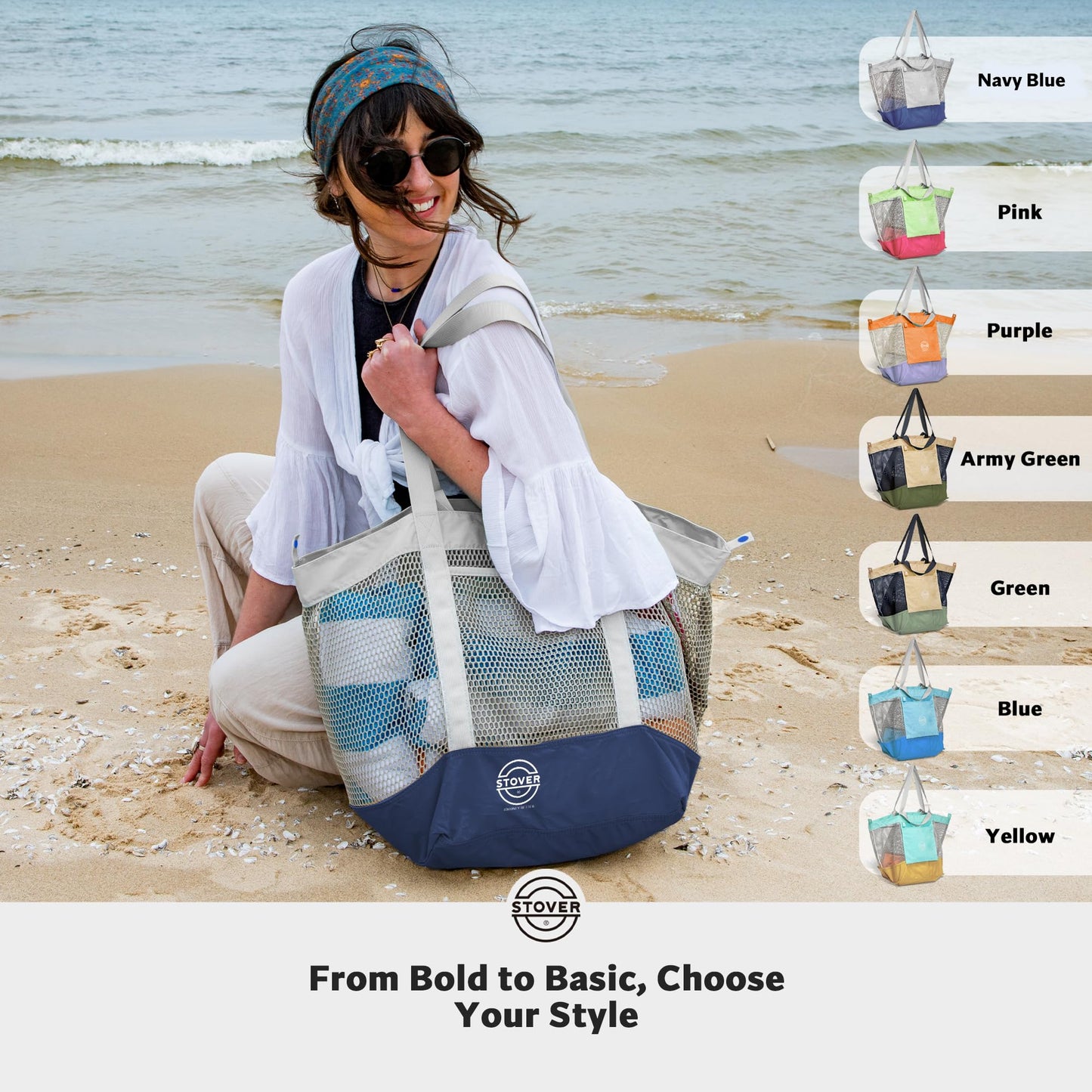 STOVER Extra Large Mesh Nylon Beach Bag, Vacation, Pool, Shopping, Toy, & Travel Tote - Foldable w/Storage Pouch & Pockets for Women, Men & Families - Heavy-Duty and Water-Resistant (Coastal Grey)