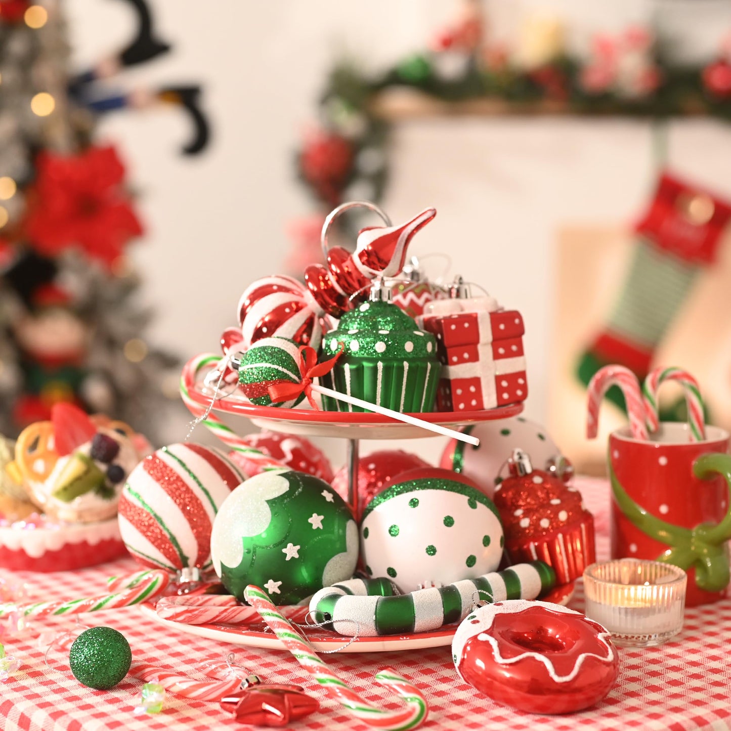 Valery Madelyn Christmas Ball Ornaments Set, 80ct Candy Cane Red Green White Shatterproof Christmas Tree Decorations, Variety Decorative Hanging Ornaments Bulk for Xmas Holiday Party Decor