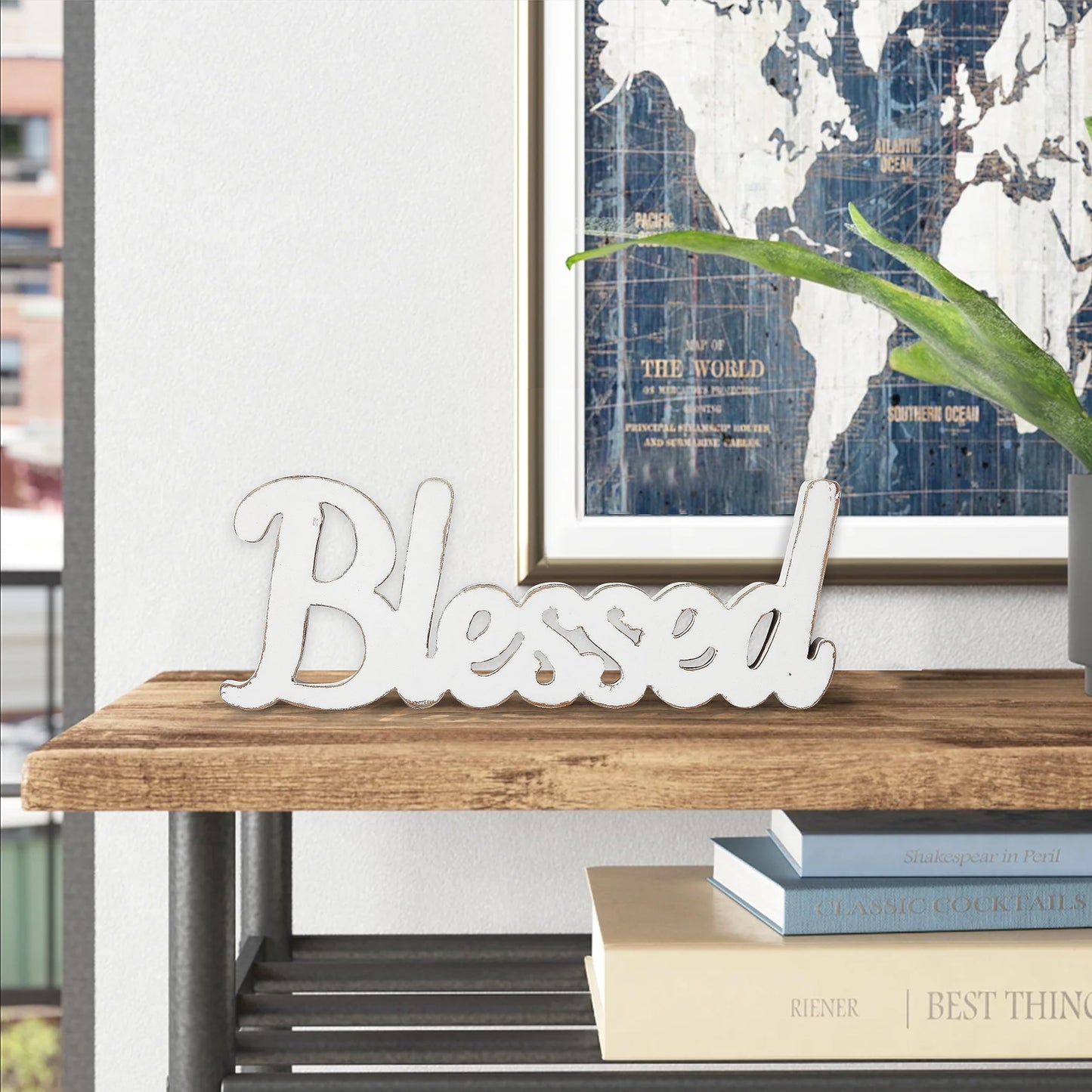 Sintosin Rustic White Wooden Blessed Sign for Tabletop 15 Inch, Wall Hanging Farmhouse Blessed Signs for Home Decor, Handmade Thanksgiving Signs Decor, Christmas Signs for Living Room Entryway