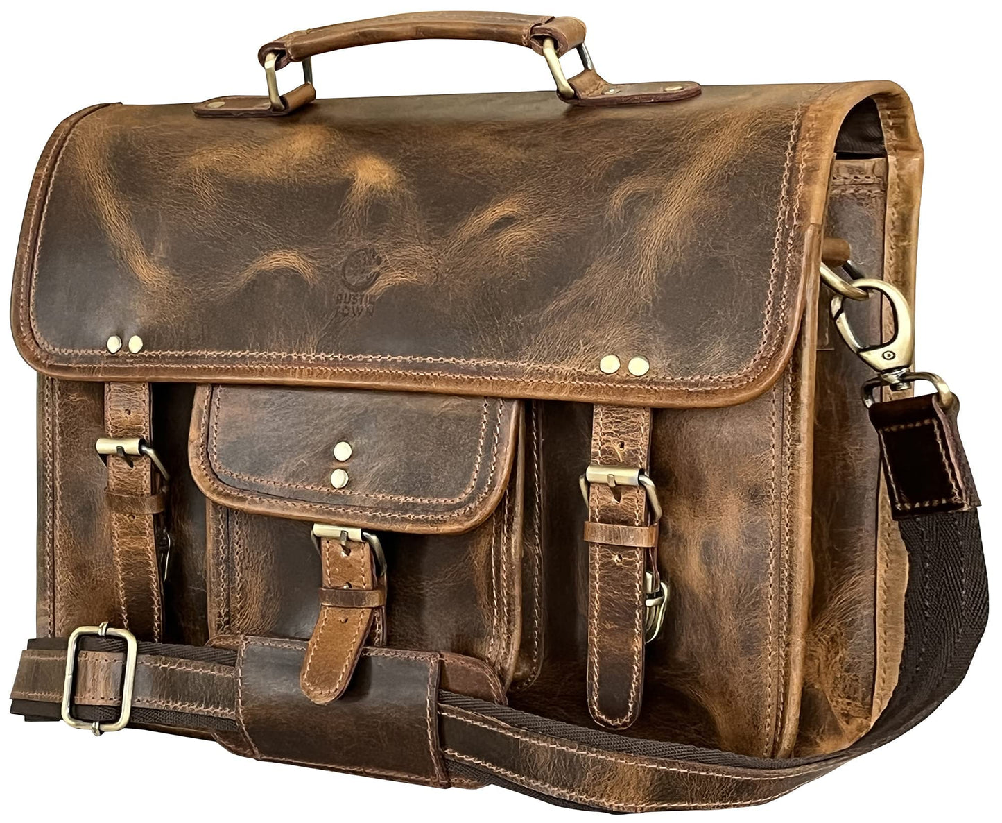 RUSTIC TOWN Leather Messenger Bag for Men - Full Grain Leather Briefcase Laptop Satchel Office Crossbody Travel Bag (16 Inch, Brown)