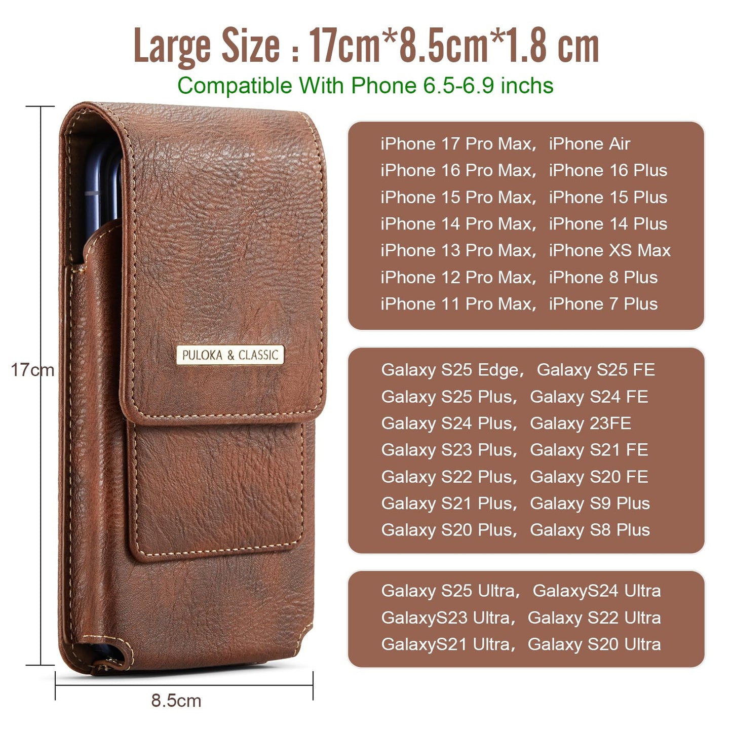 Phone Holster with Belt Clip for iPhone 17/16/15/14/13/12 Pro Max & Plus, Galaxy S26/S25/S24/S23 Ultra & Plus, Premium Leather Pouch with Card Holder, Magnetic Closure, Rugged Outdoor Case - L Brown
