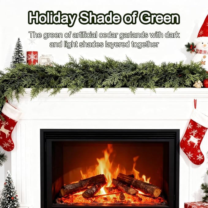 6ft Real Touch Cedar Garland Artificial Realistic Christmas Greenery Pine Garland with 150 Cedar Branches for Mantle, Fireplace, Table, Stairs, Doorframe, Window, Outdoor Indoor Xmas Decor