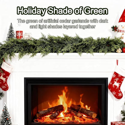 9ft Real Touch Cedar Garland Artificial Realistic Christmas Greenery Pine Garland with 225 Cedar Branches for Mantle, Fireplace, Table, Stairs, Doorframe, Window, Outdoor Indoor Xmas Decor