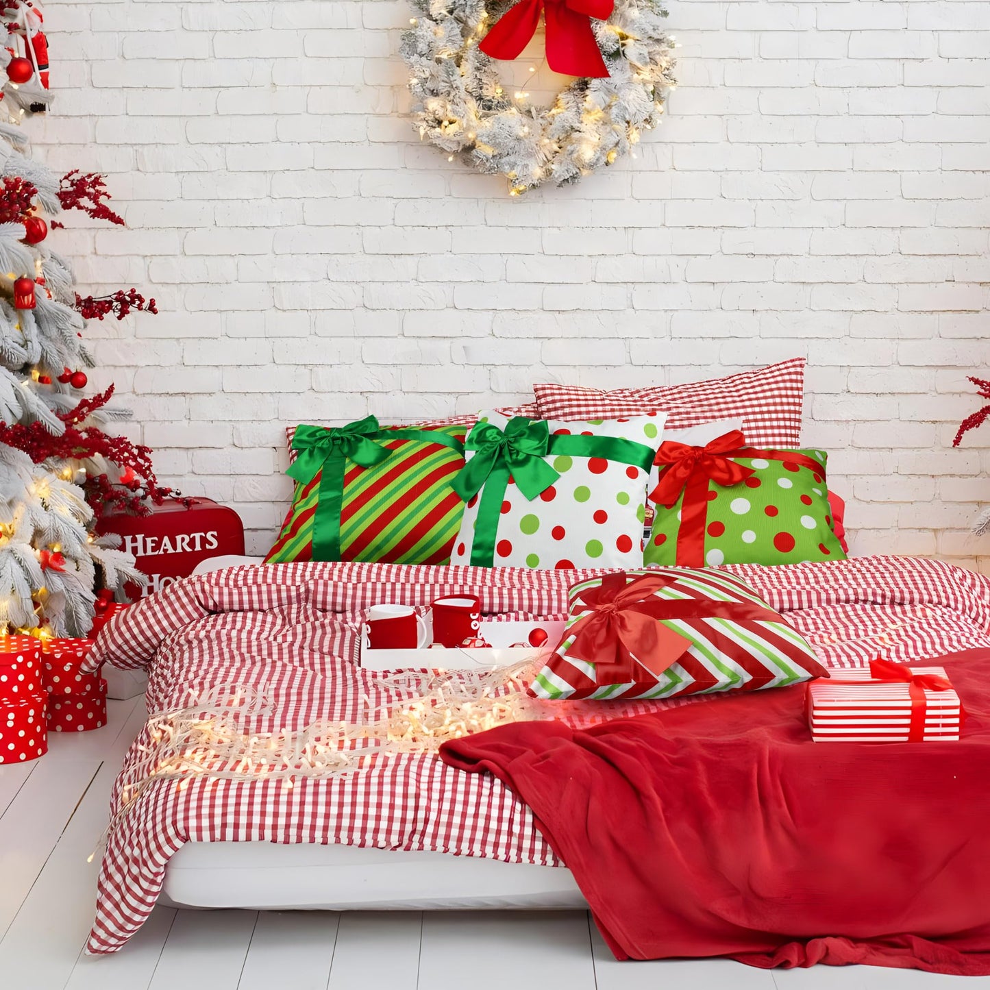 peony man Christmas Pillow Covers 18 x 18 Inch 3D Bows Throw Pillow Cases Outdoor Christmas Red Green Dot Stripe Decorative Cushion Covers for Sofa Couch Winter Holiday Decoration, Set of 4