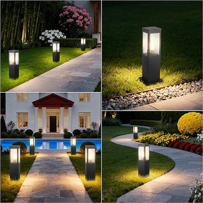 Outdoor Landscape Path Light Stainless Steel Waterproof Bollard Lighting Hardwired E26 Glass Post Pillar Lights Black Modern Lawn Lighting Outside House Pathway Lamp For Garden Patio Yard Street Light