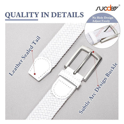 SUOSDEY Elastic Fabric Braided Belts for Men, Stretch Woven Belts for Golf Casual Jeans Shorts,white