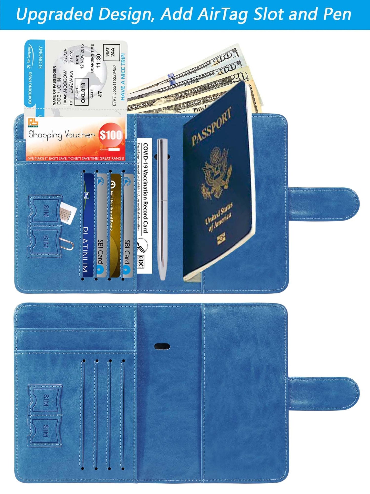 Airtag Passport Holder Cover Wallet RFID Blocking Leather Case Travel Essentials Luggage Accessories Travel Must Have(118#Blue)