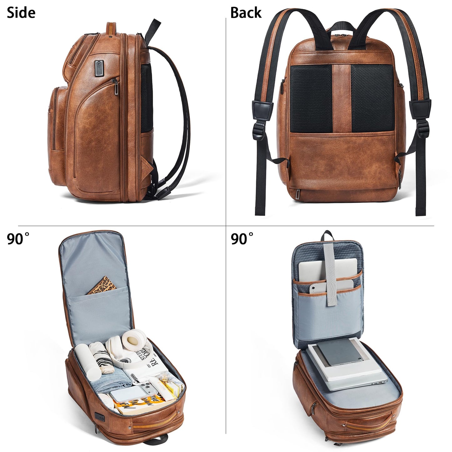 tiamyi Vegan Leather Backpack, 40L Expandable, TSA Travel Backpack for Men and Women, Fits 17.0 Inch Notebook with Luggage Strap and USB Port, Brown
