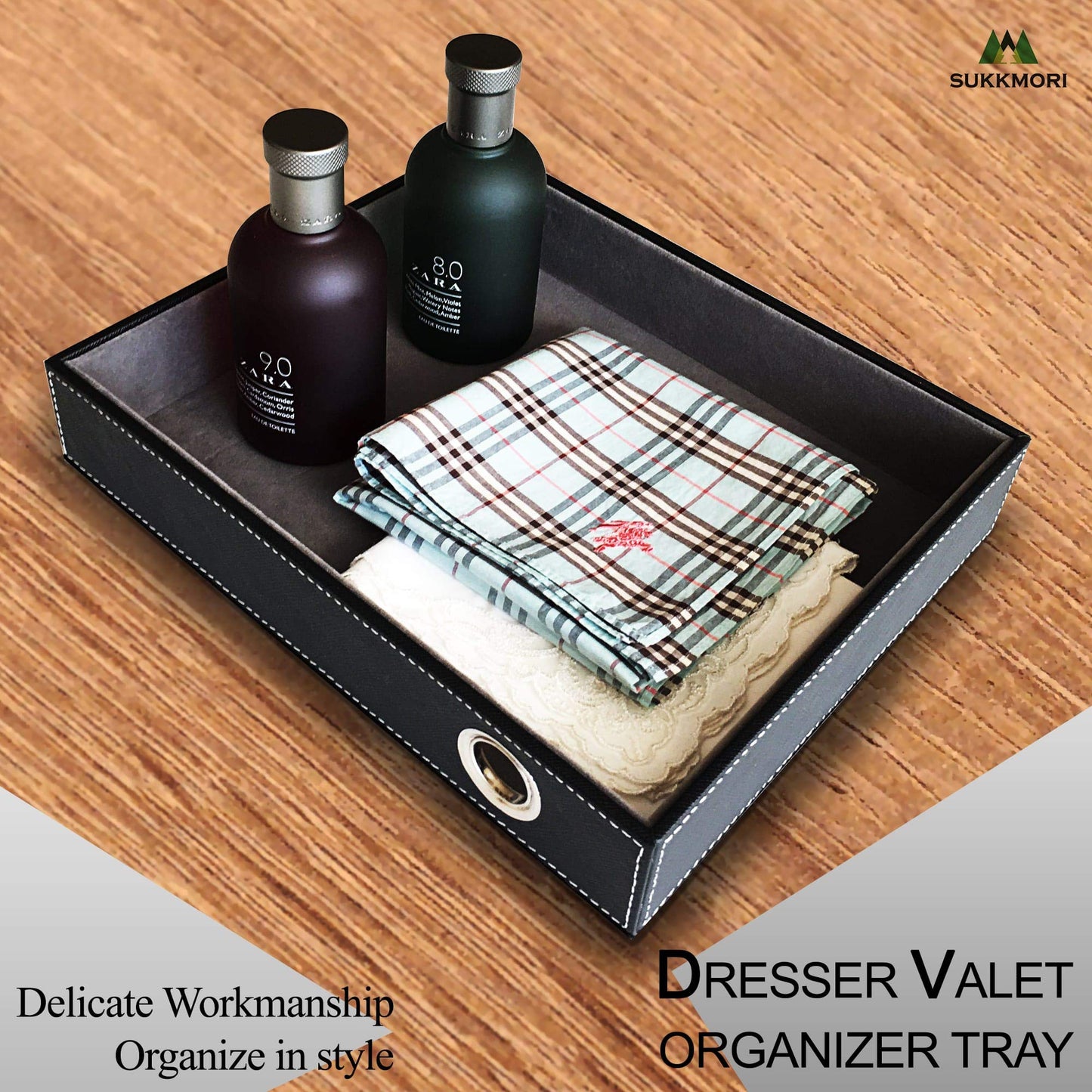 SUKKMORI Valet Tray with Charging Station - PU Leather Nightstand Organizer for Men and Women, Desk Catchall Tray for Keys, Jewelry
